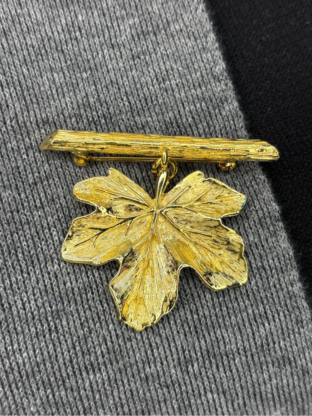 Vintage Gold Tone Dangling Leaf Bar Brooch Textured Botanical Statement Pin